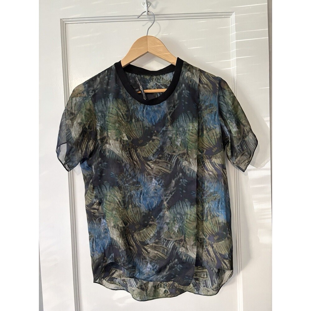 Theyskens Theory Silk Sheer Blouse Abstract Print Layered Top Small Art to Wear